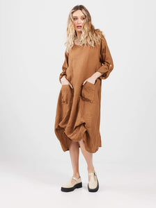 Primavera linen dress. Tobacco. Long-sleeved
