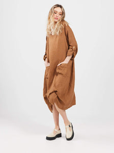 Primavera linen dress. Tobacco. Long-sleeved