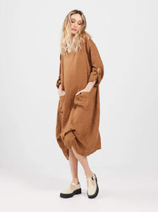 Primavera linen dress. Tobacco. Long-sleeved