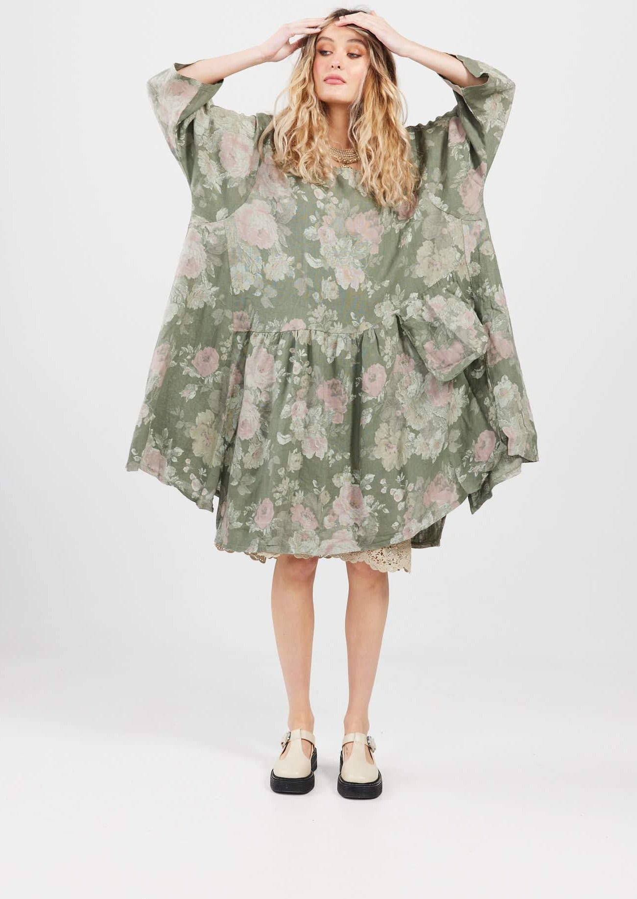 Clarissa Linen dress. Olive Floral