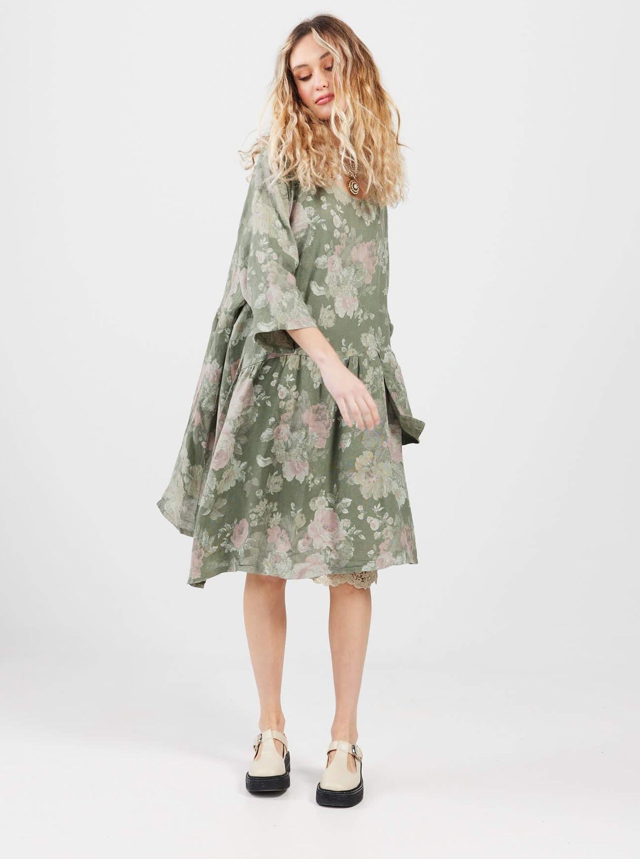 Clarissa Linen dress. Olive Floral