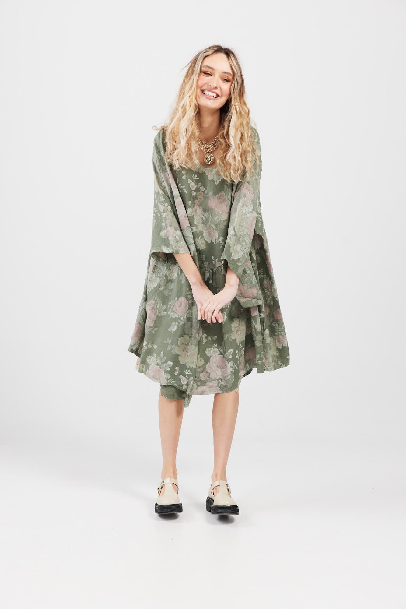 Clarissa Linen dress. Olive Floral
