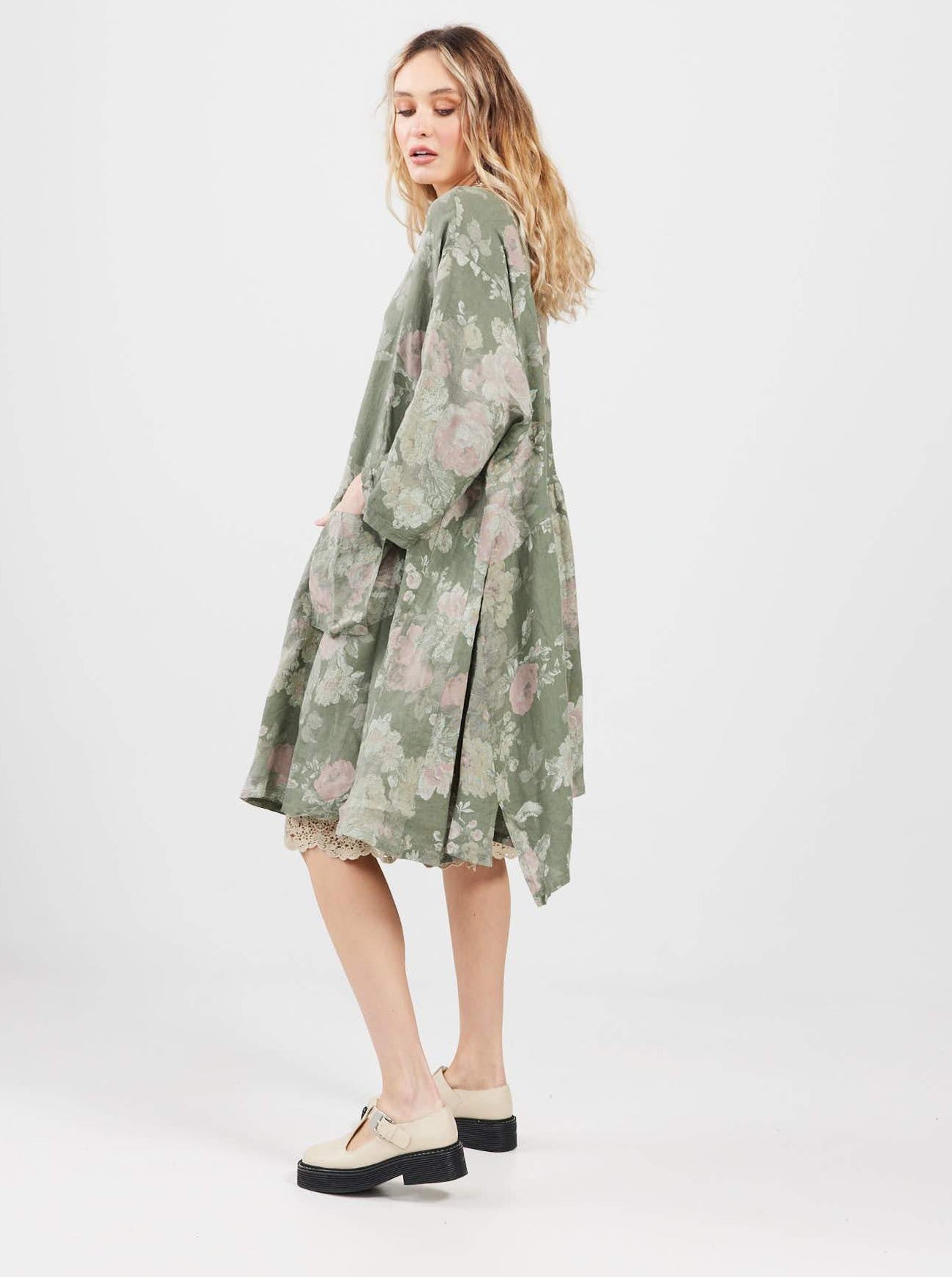 Clarissa Linen dress. Olive Floral