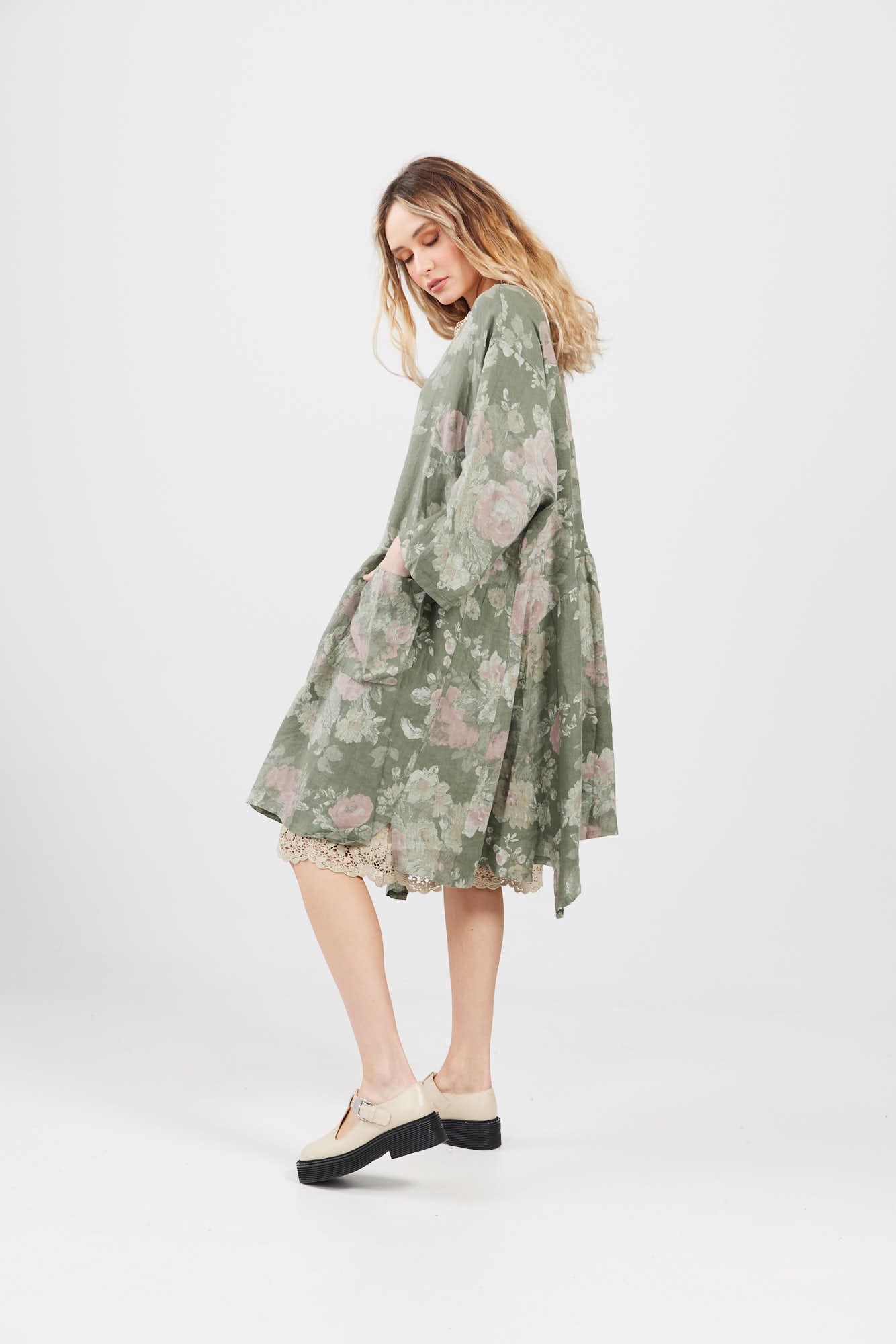 Clarissa Linen dress. Olive Floral