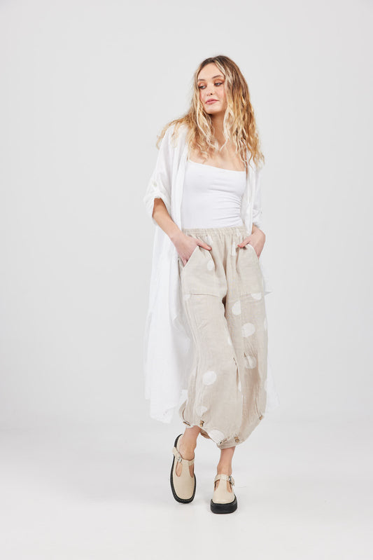 Lulu Linen pants. Polka dot Beige.