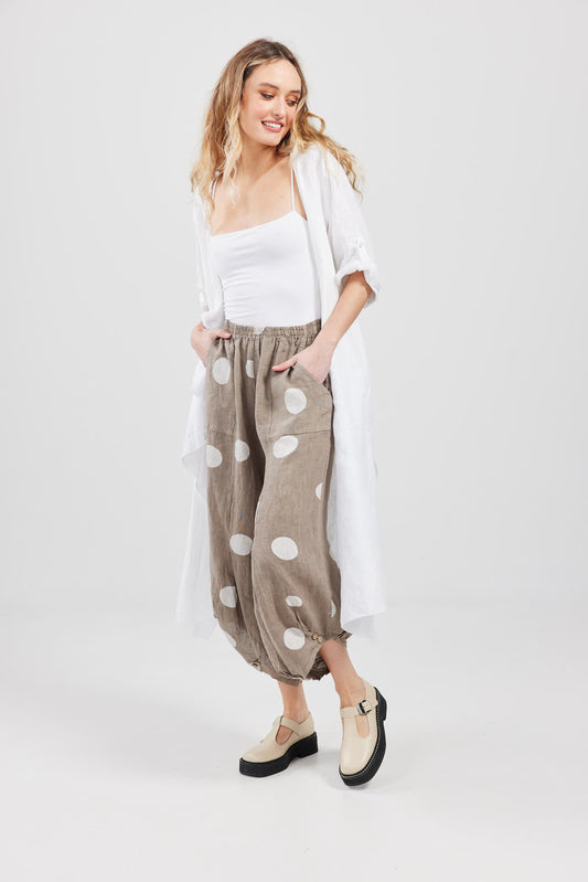 LuLu Linen pants. Taupe Polka dot.