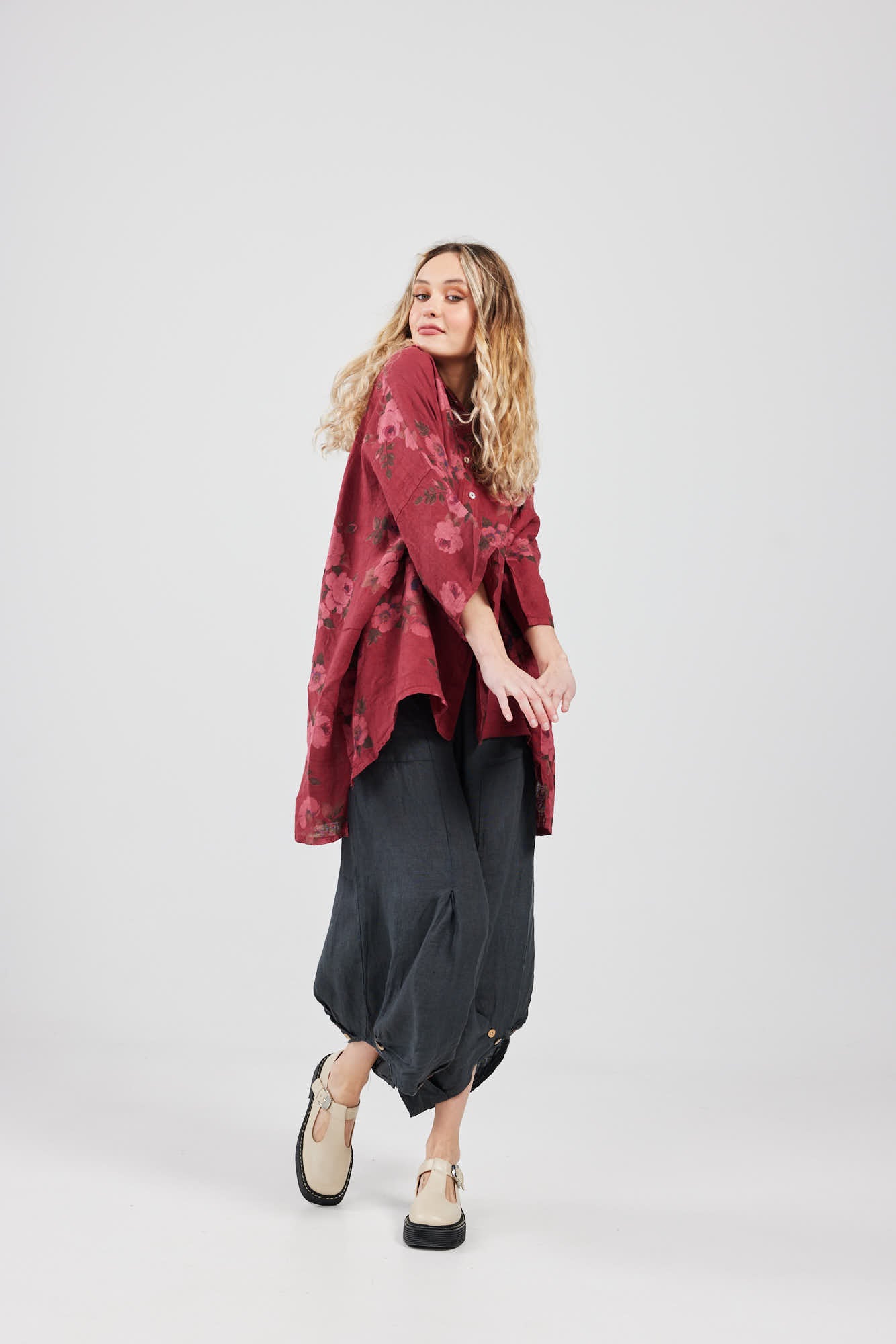 Teddie Floral linen shirt. Berry