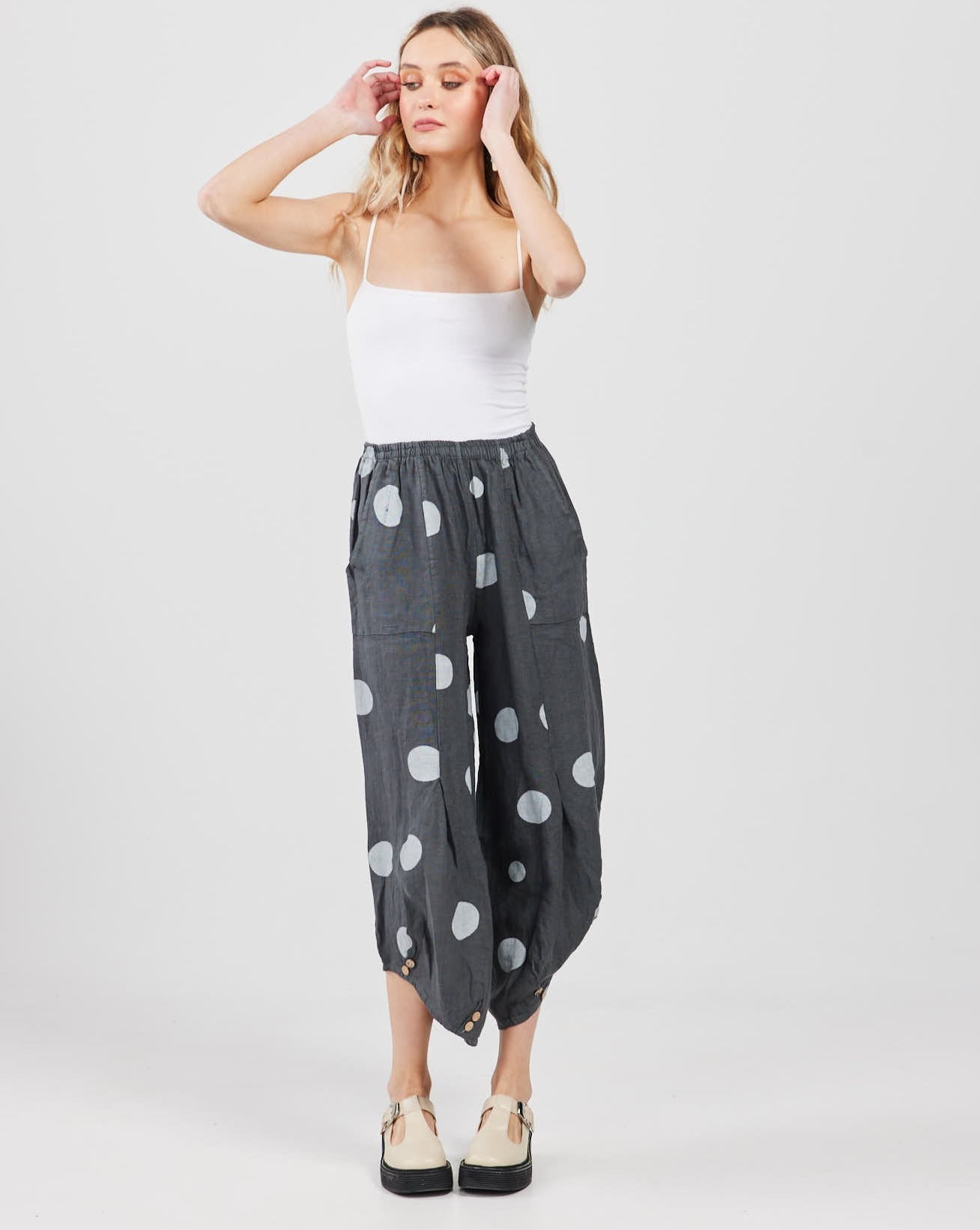 Lulu linen pants. Polka dot charcoal.