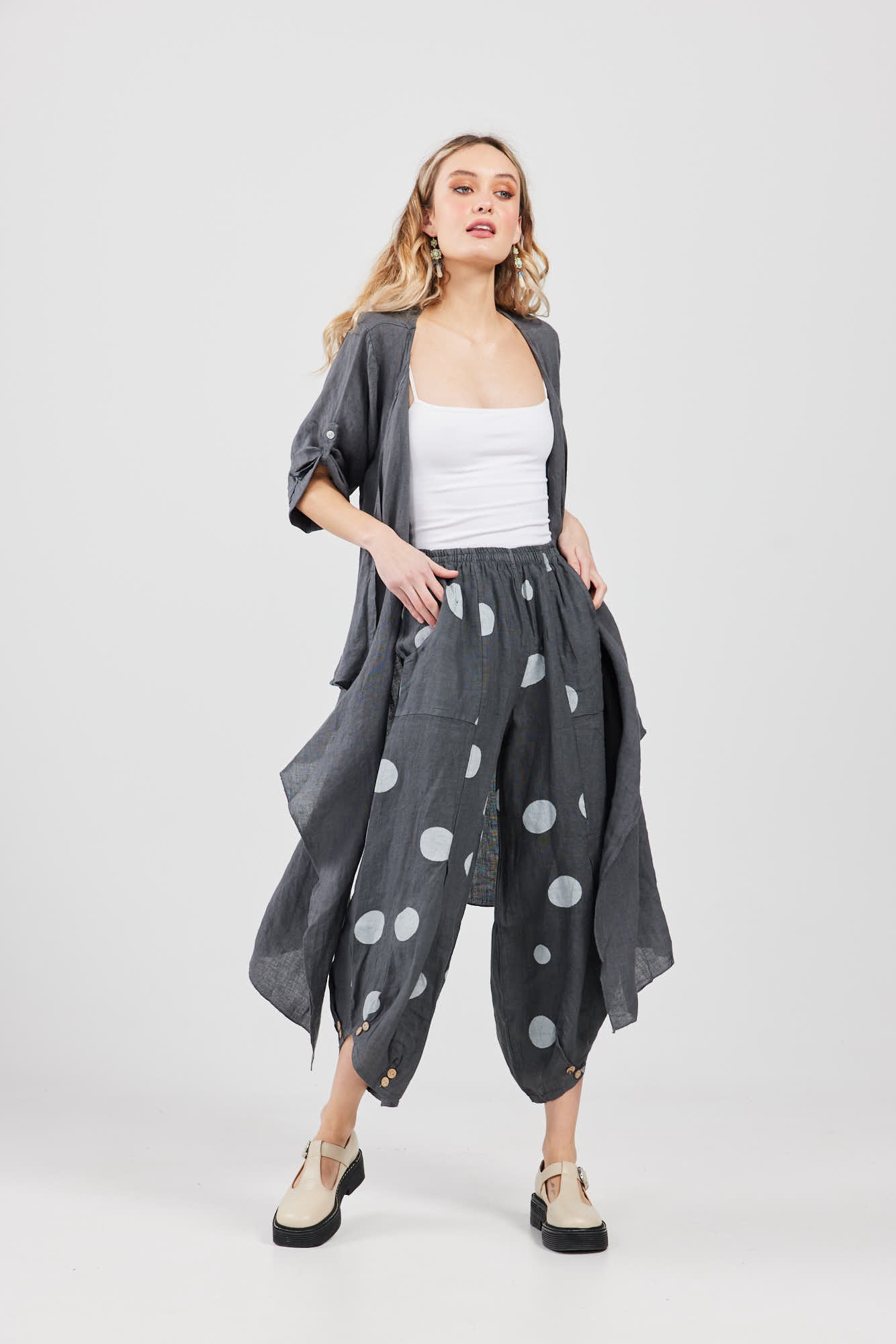 Lulu linen pants. Polka dot charcoal.