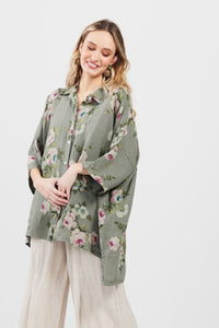 Teddie Floral linen shirt. Khaki
