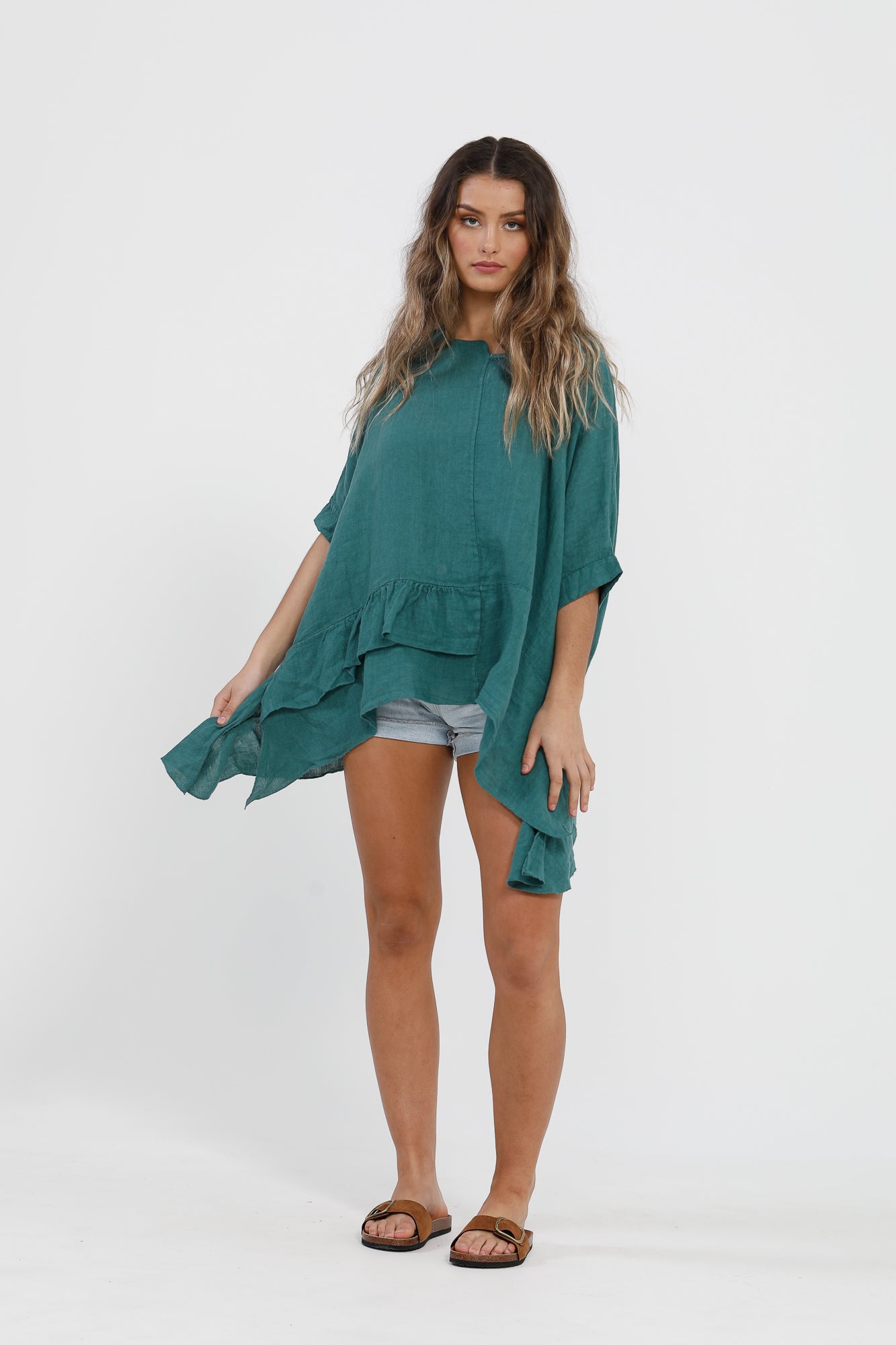 Sorrento Linen top . Peacock Green