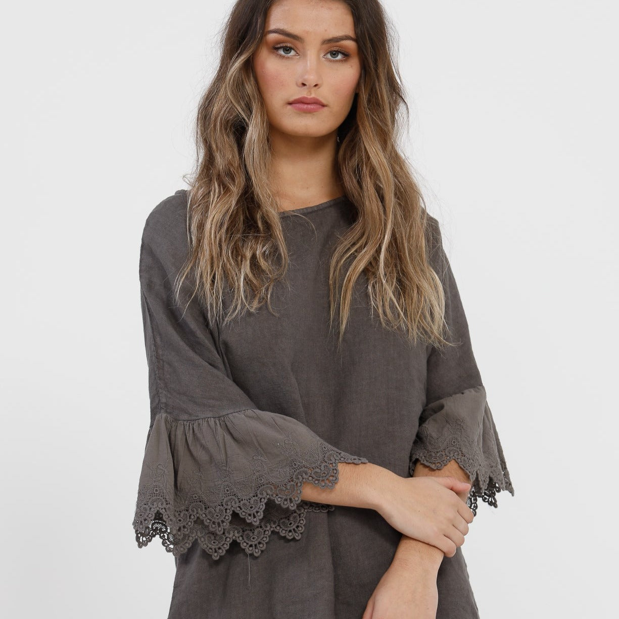 Ellie Lace ruffled Linen top. Charcoal