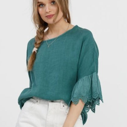 Ellie Ruffle Linen top. Peacock Green