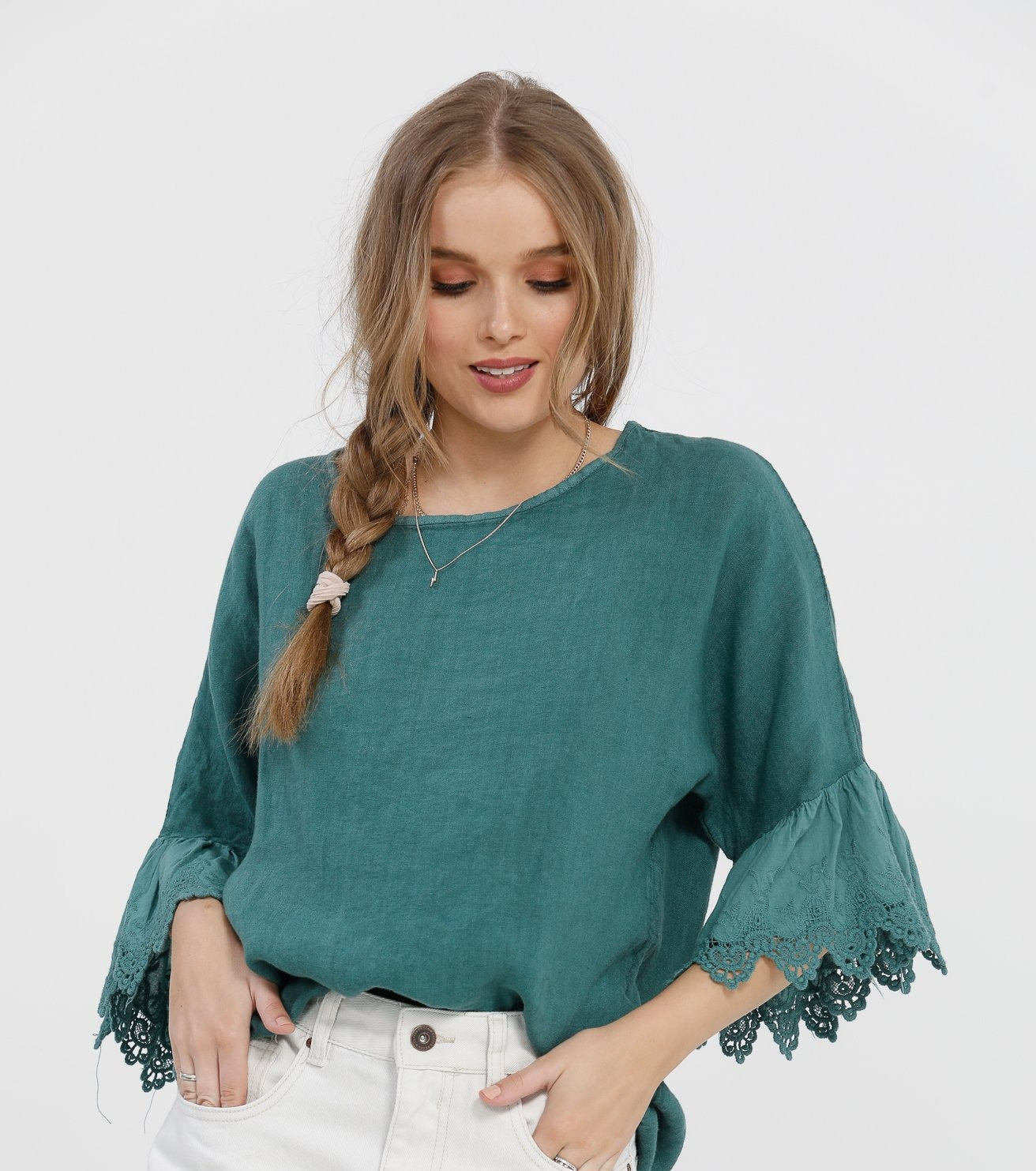 Ellie Ruffle Linen top. Peacock Green