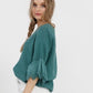 Ellie Ruffle Linen top. Peacock Green