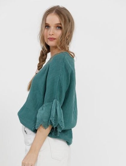 Ellie Ruffle Linen top. Peacock Green