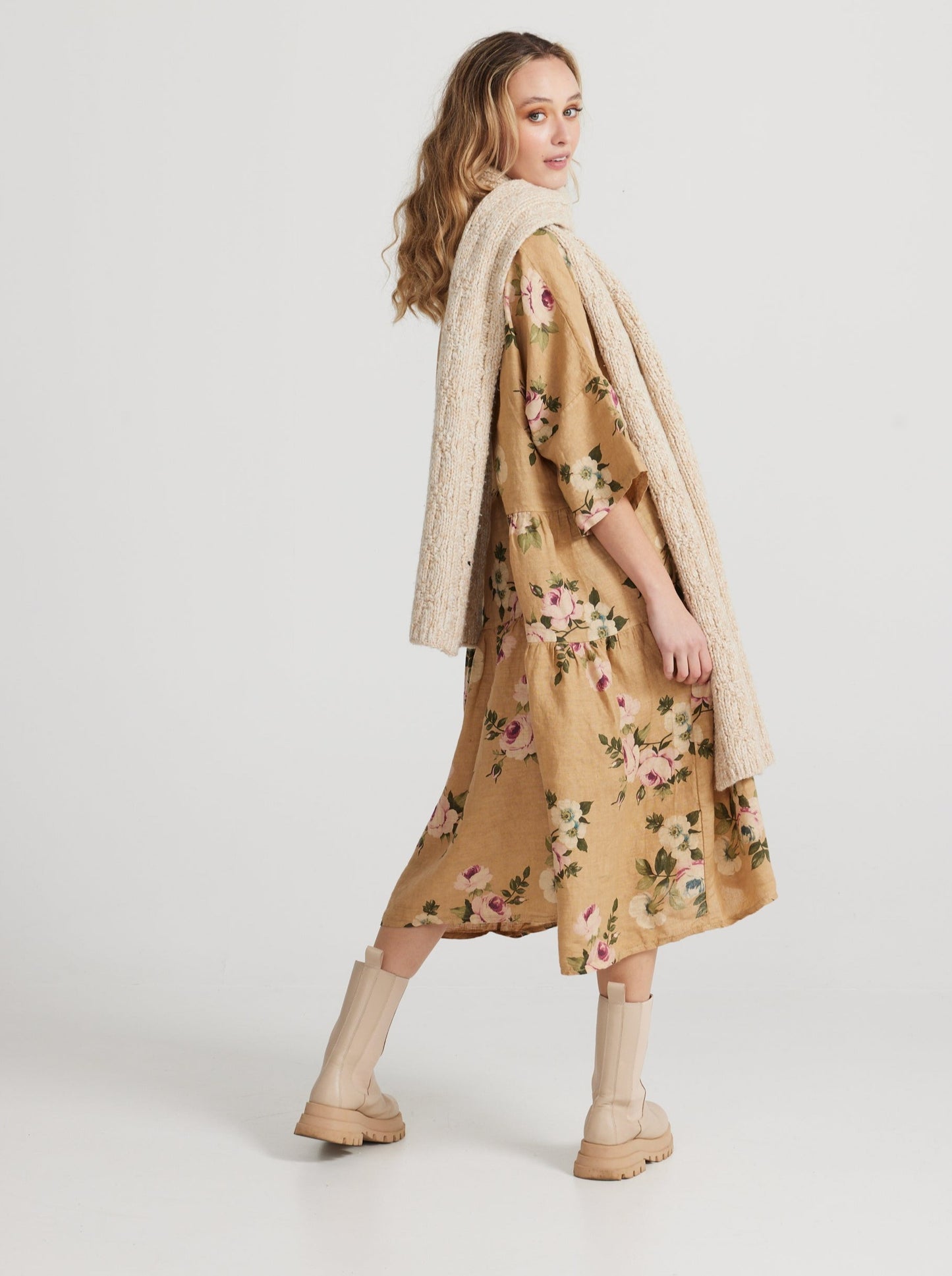 Stella linen floral dress. Caramel