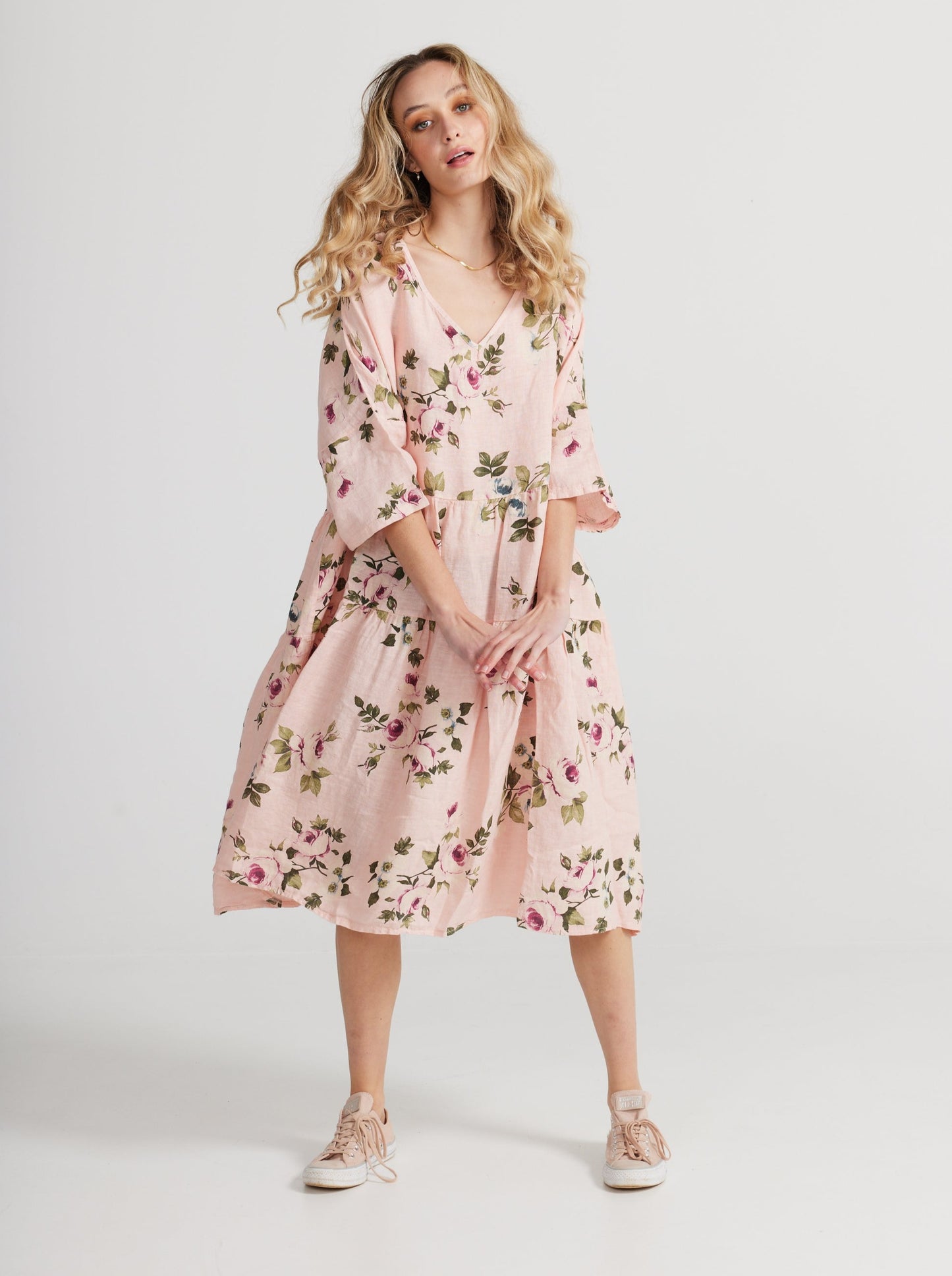 Stella Linen Dress. Floral. Pink