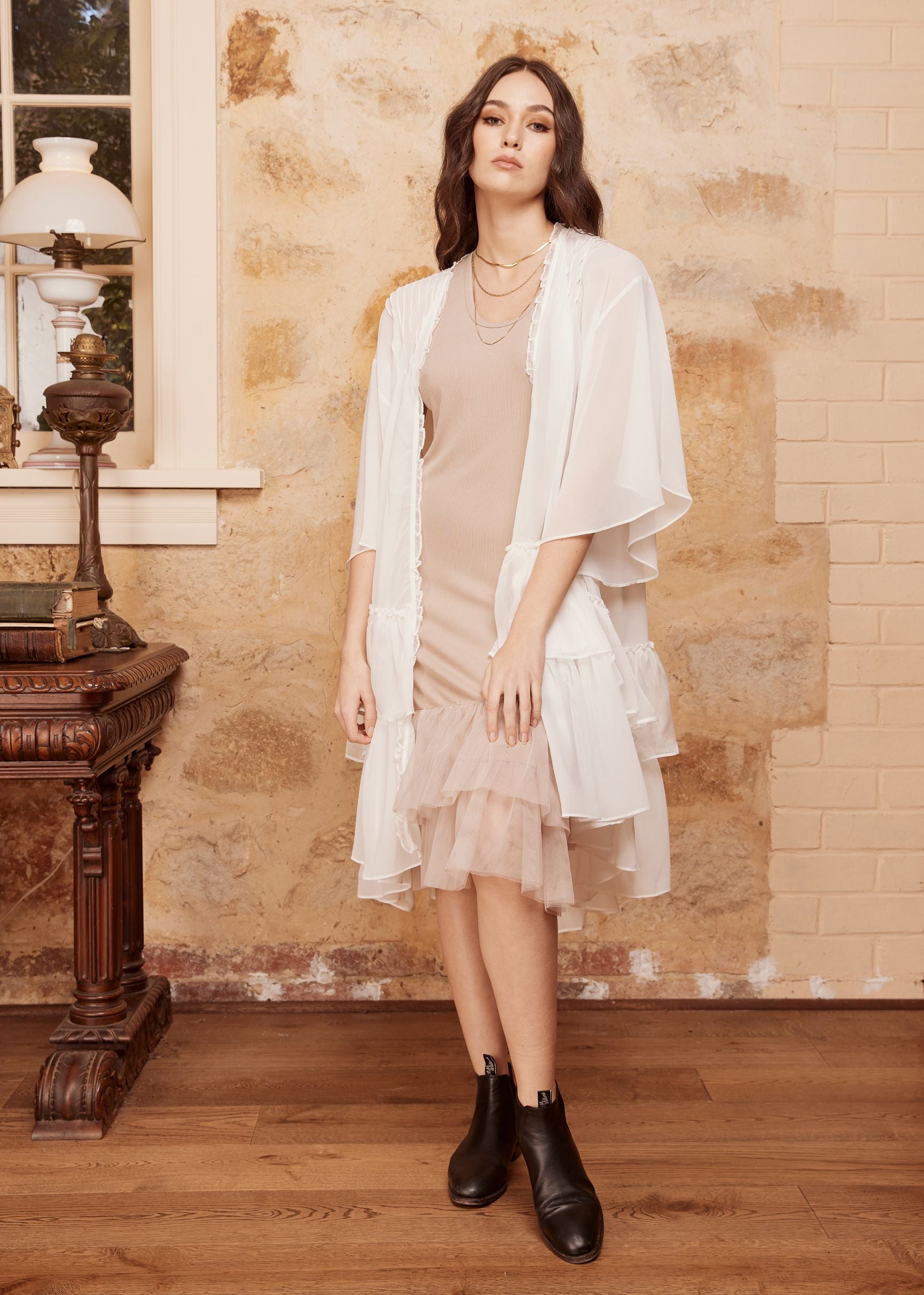 Moonflower Chiffon Duster . Ivory Miss Rose Sister Violet