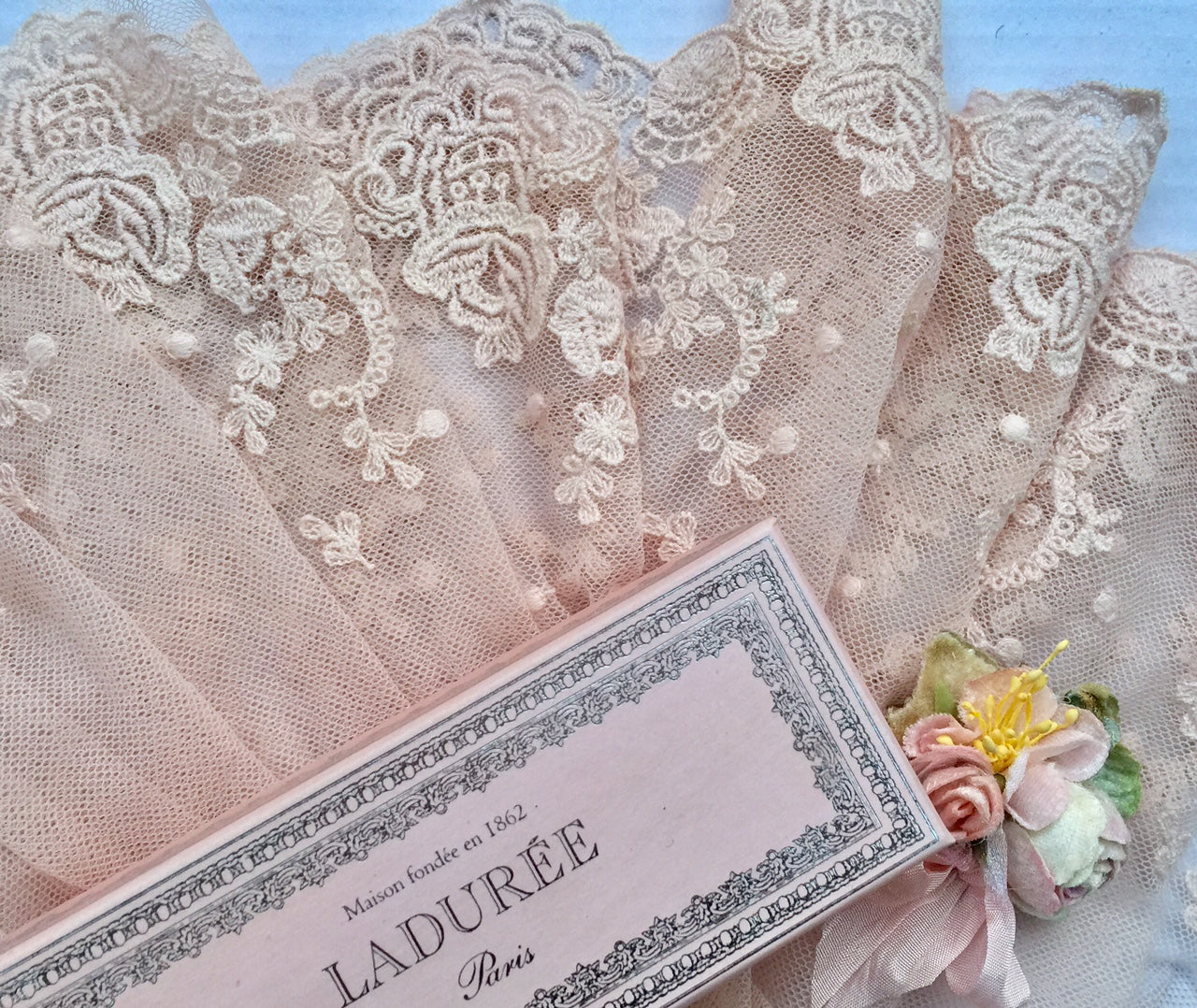 Wide Vintage cotton embroidered lace  in Marie Antoinette Pink