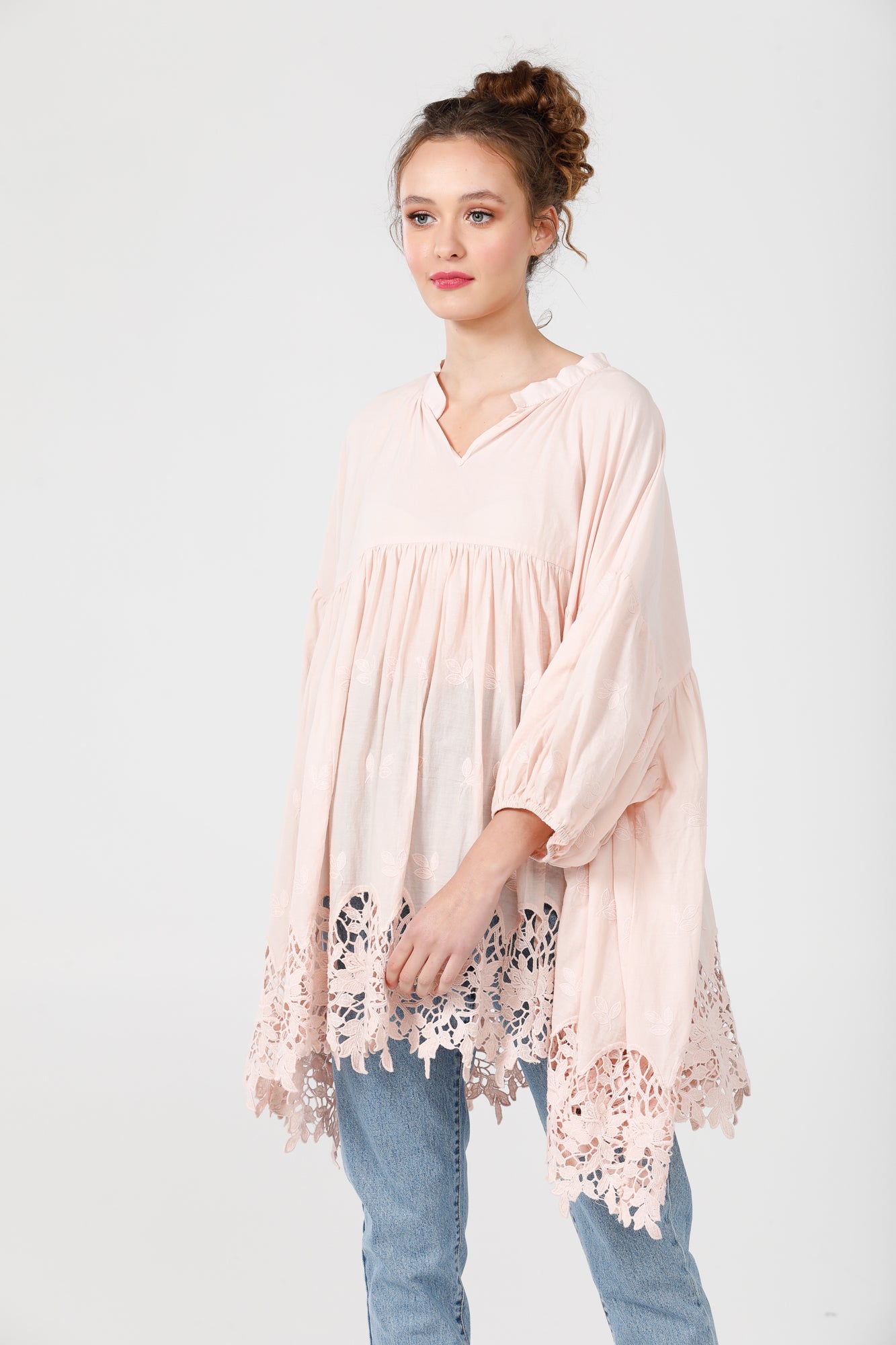 French cotton smock. pink scalloped lace.