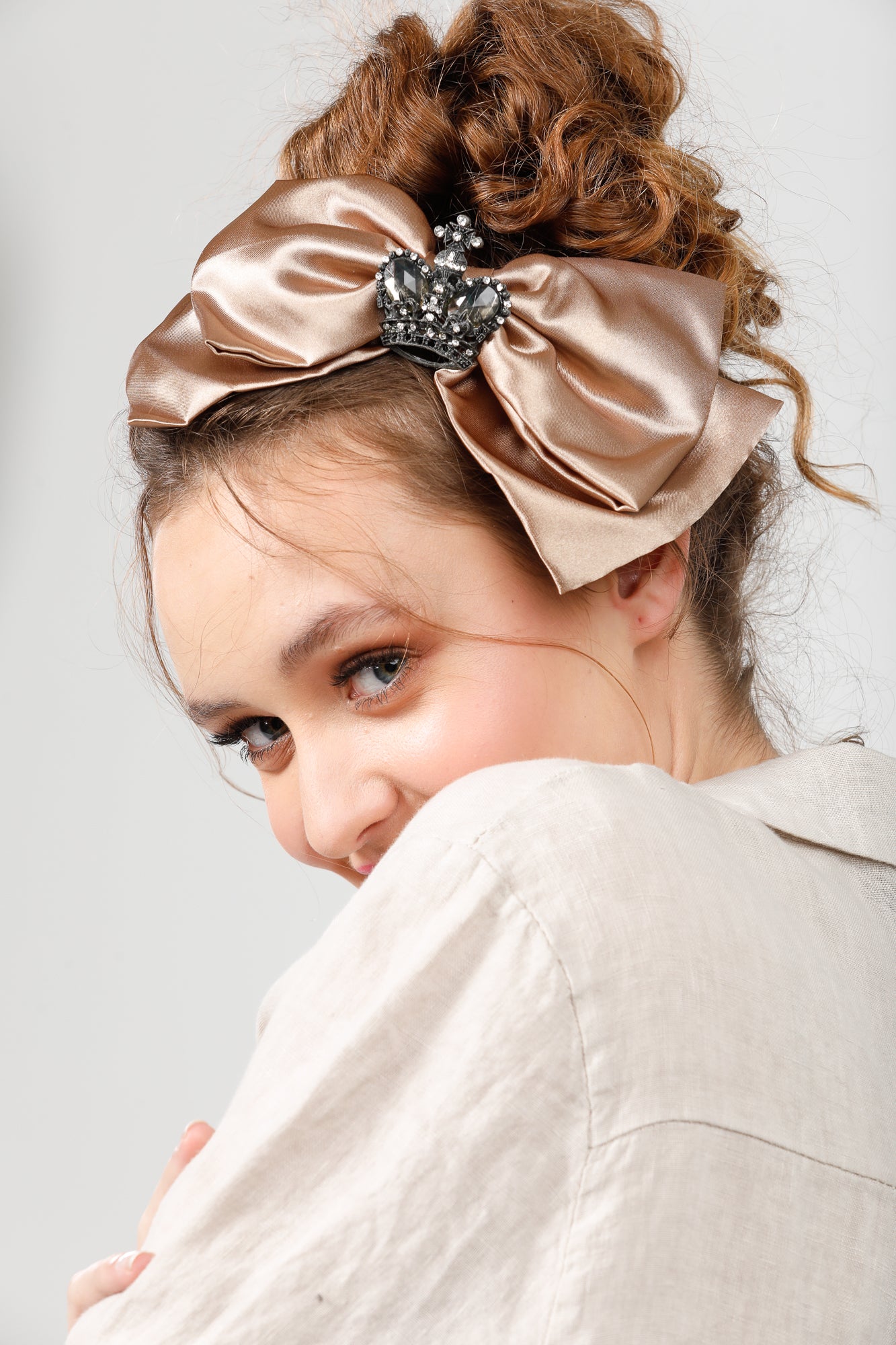 Satin Bow headband with Vintage crown . Antique Coffee