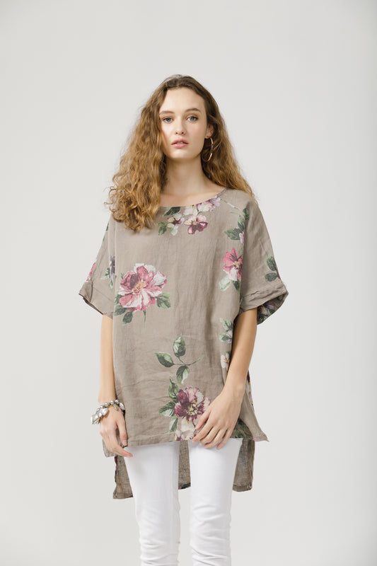 Contessa Linen Floral Top. Cocoa