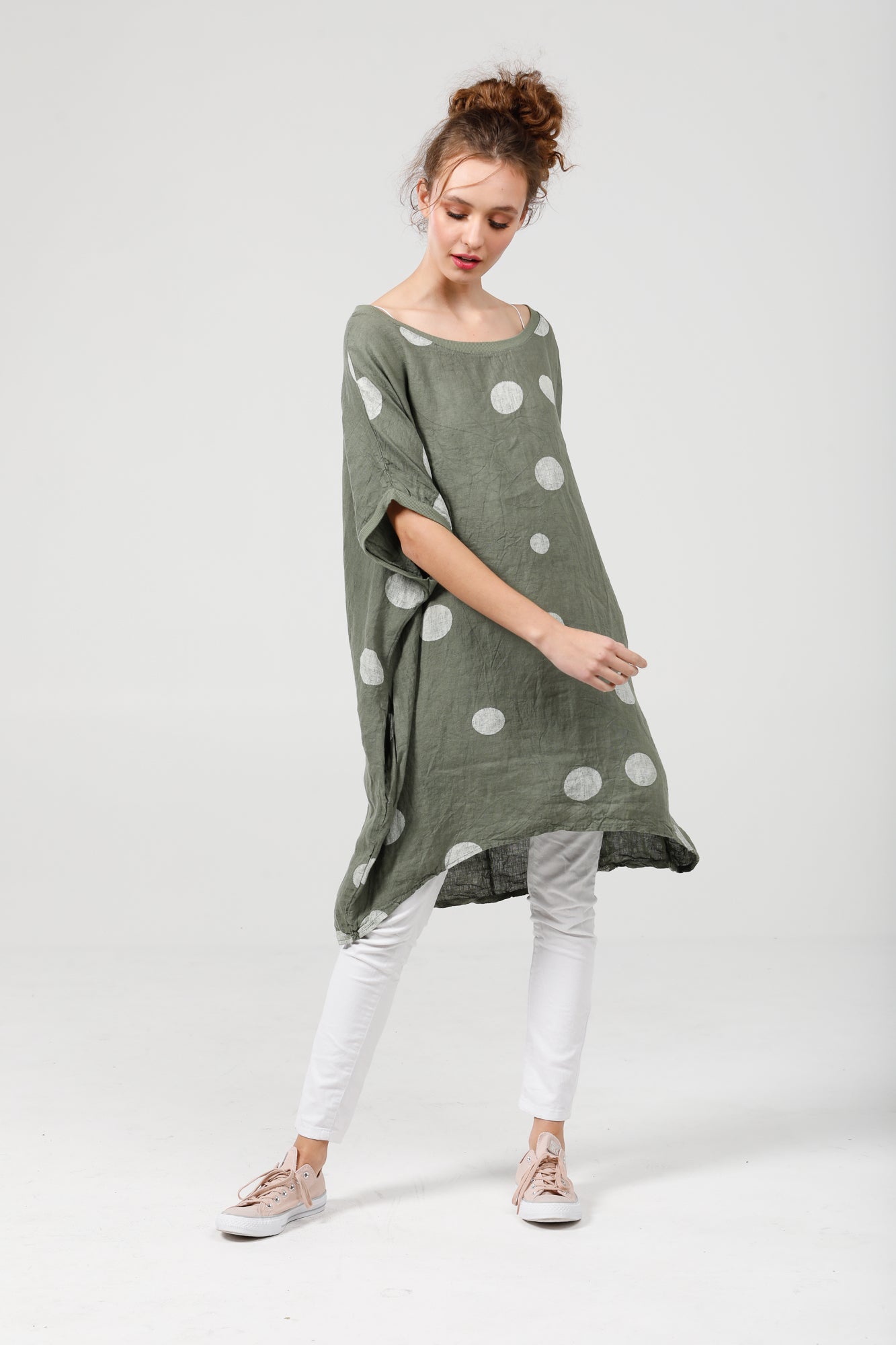 Rosabella linen  dress. olive green polka dot