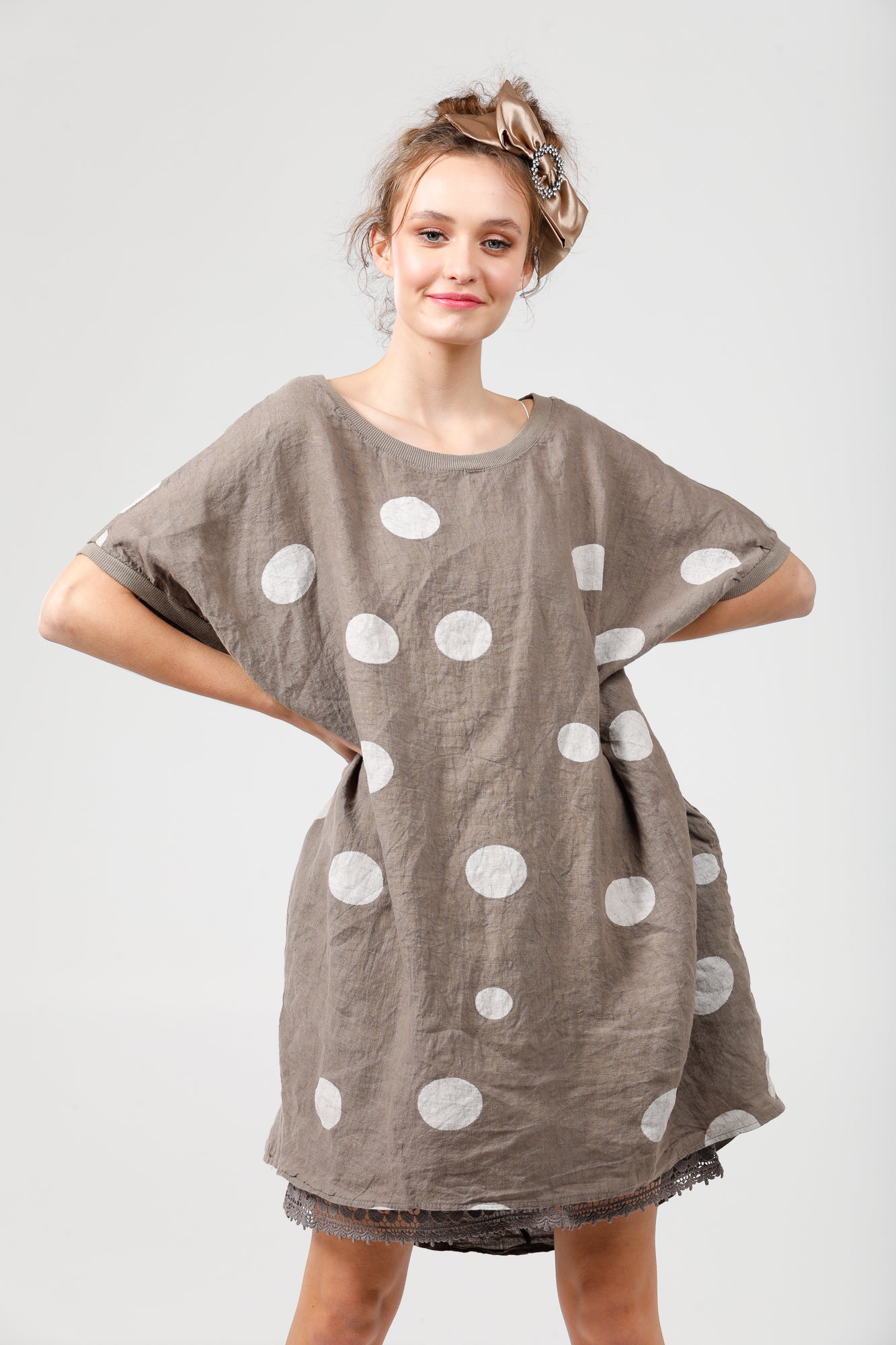 Rosabella linen  dress. cocoa brown Polka dot.